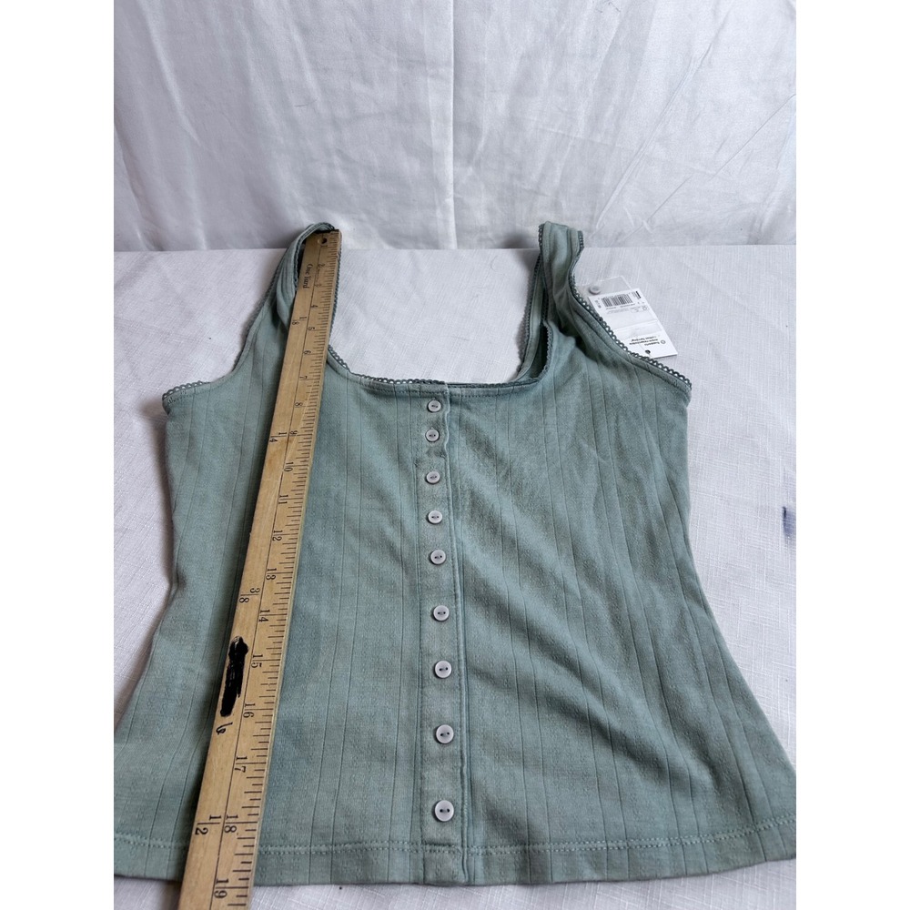 SO Ribbed Henley Tank Top Size S Green Lace Trim Button Front Womens - Picture 6 of 7